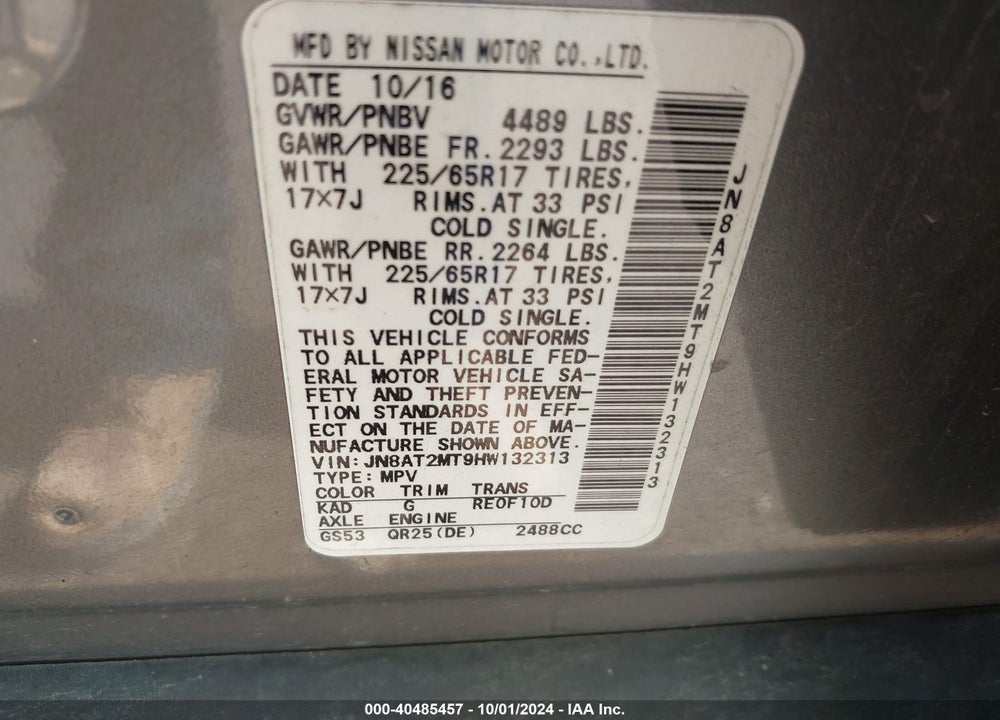 2017 NISSAN ROGUE SV VIN: JN8AT2MT9HW132313