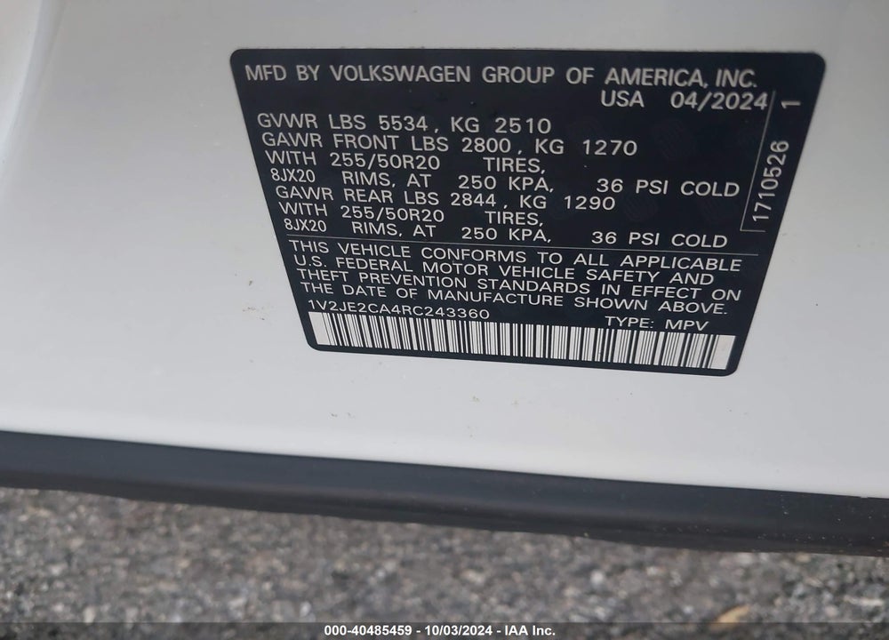 2024 VOLKSWAGEN ATLAS CROSS SPORT 2.0T SE W/TECHNOLOGY VIN: 1V2JE2CA4RC243360