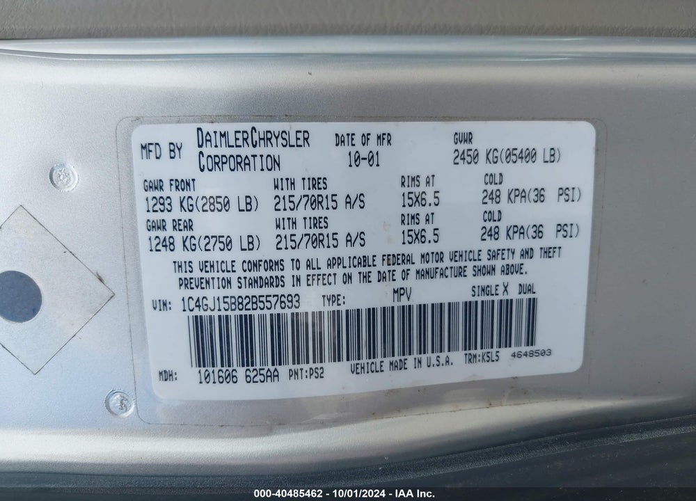 2002 CHRYSLER VOYAGER EC VIN: 1C4GJ15B82B557693