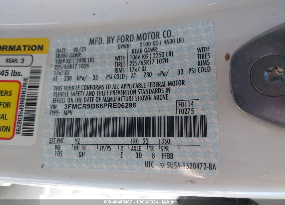 2023 FORD BRONCO SPORT BIG BEND VIN: 3FMCR9B66PRE06296