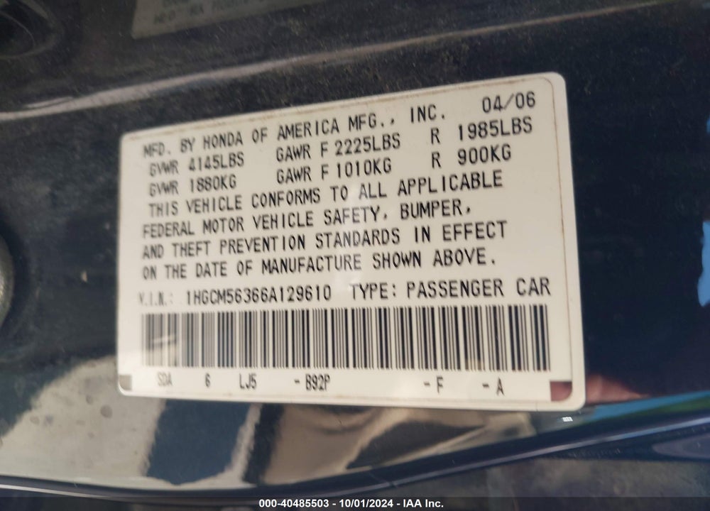 2006 HONDA ACCORD 2.4 SE VIN: 1HGCM56366A129610