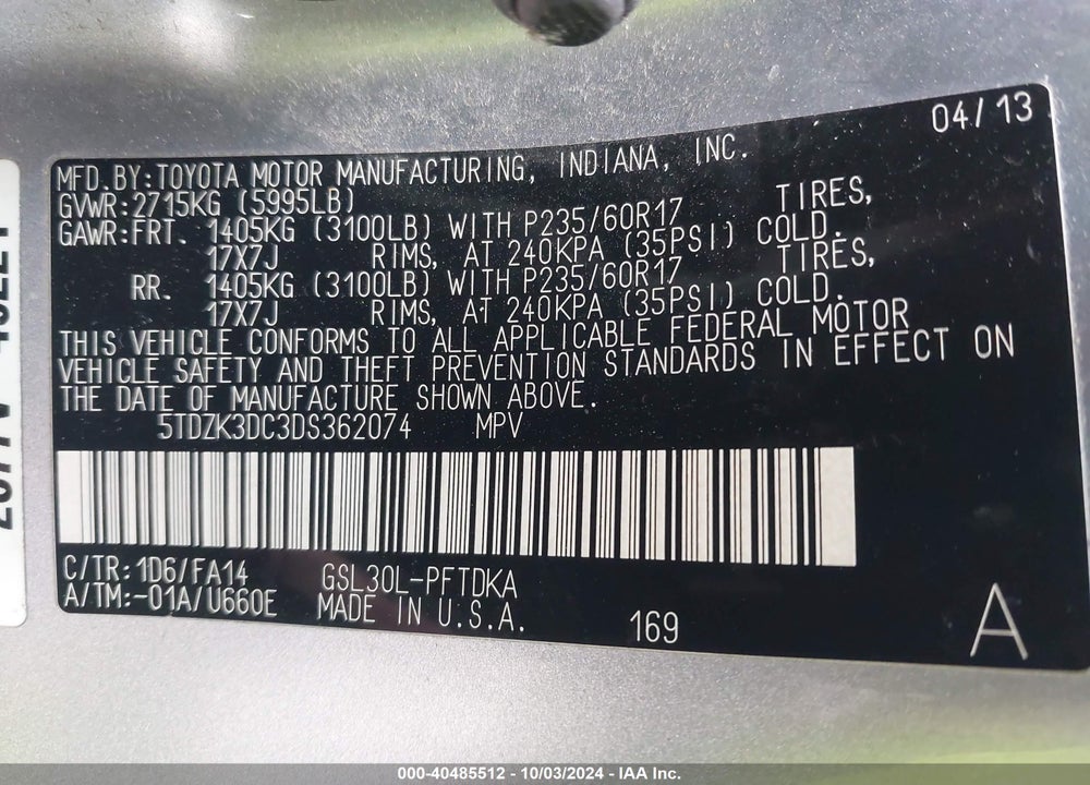 2013 TOYOTA SIENNA L V6 7 PASSENGER VIN: 5TDZK3DC3DS362074