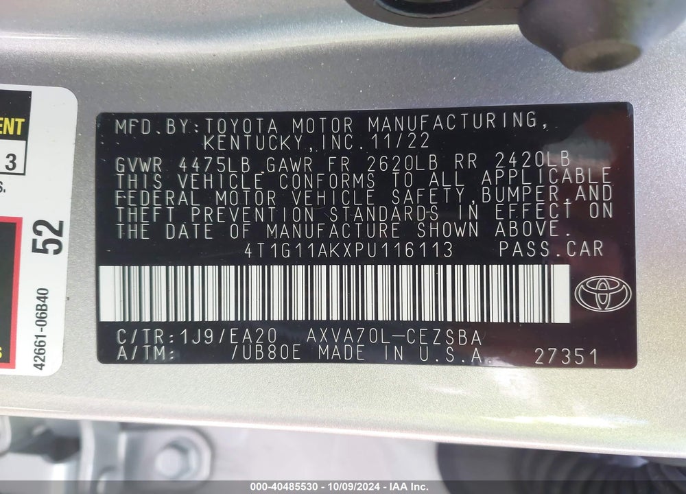 2023 TOYOTA CAMRY SE VIN: 4T1G11AKXPU116113