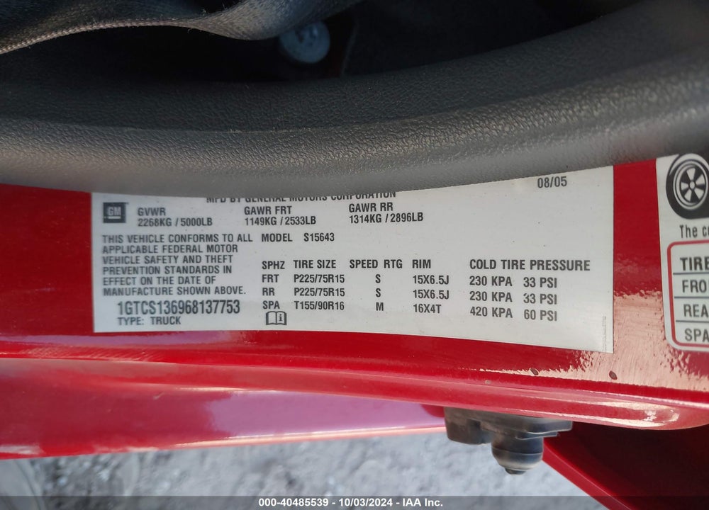 2006 GMC CANYON SLE2 VIN: 1GTCS136968137753