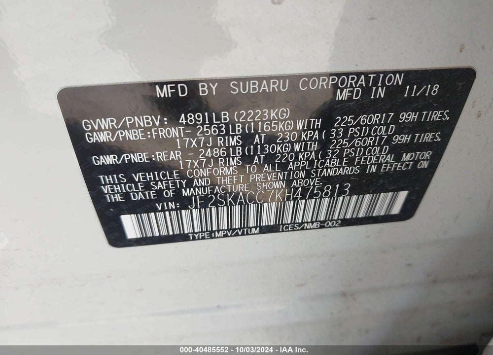 2019 SUBARU FORESTER VIN: JF2SKACC7KH475813