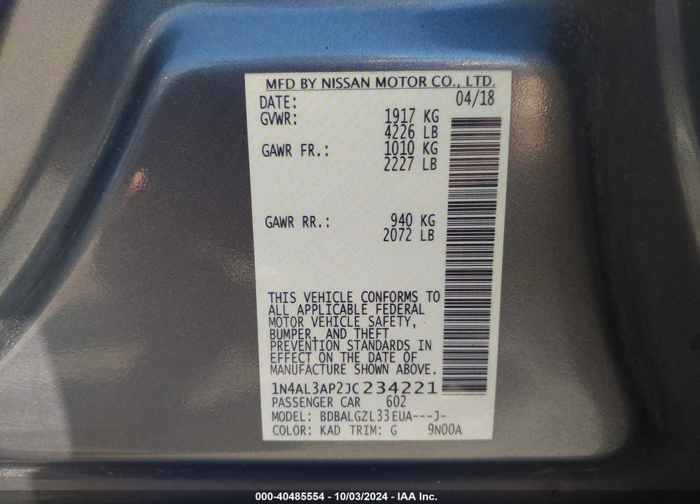 2018 NISSAN ALTIMA 2.5 S VIN: 1N4AL3AP2JC234221