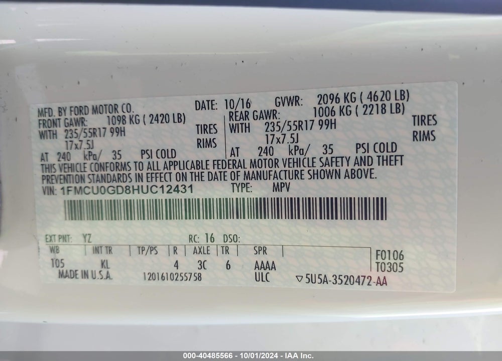 2017 FORD ESCAPE SE VIN: 1FMCU0GD8HUC12431