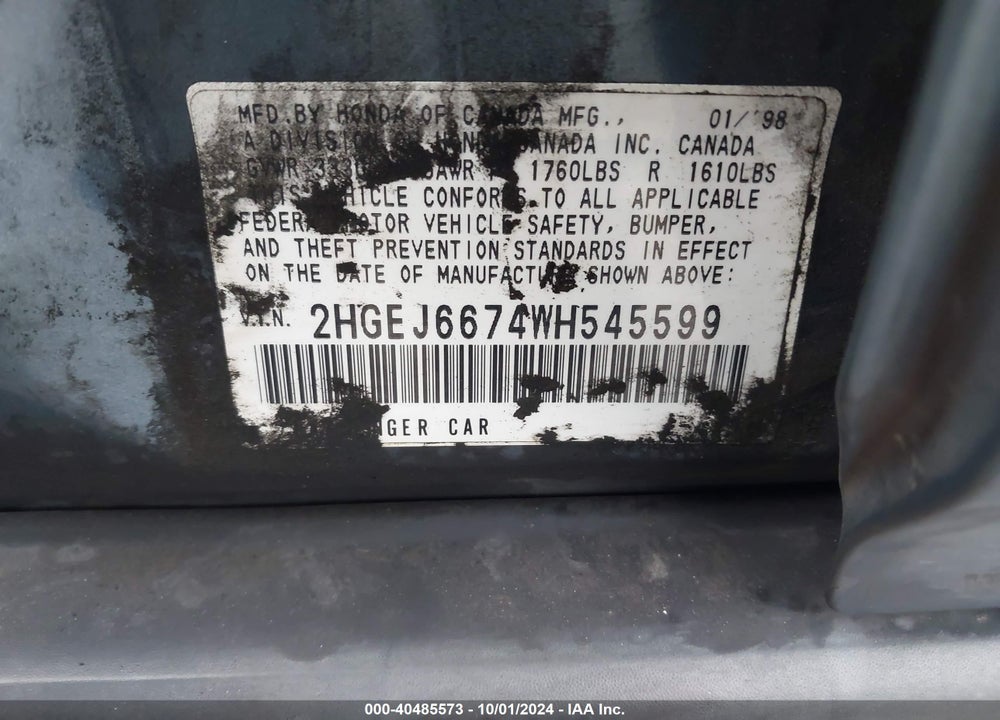 1998 HONDA CIVIC LX VIN: 2HGEJ6674WH545599