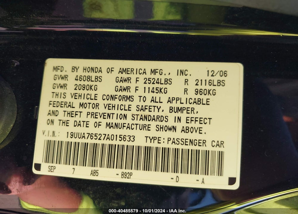 2007 ACURA TL TYPE S VIN: 19UUA76527A015633