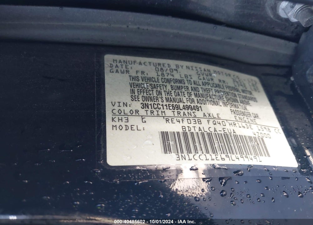 2009 NISSAN VERSA 1.6 VIN: 3N1CC11E69L499491
