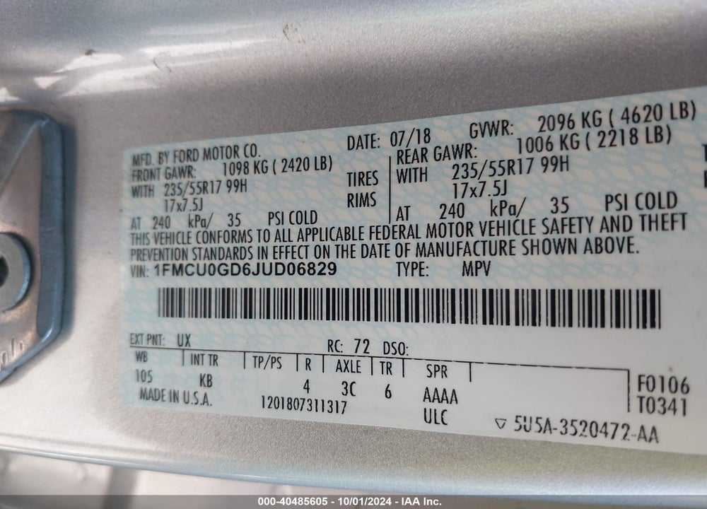 2018 FORD ESCAPE SE VIN: 1FMCU0GD6JUD06829