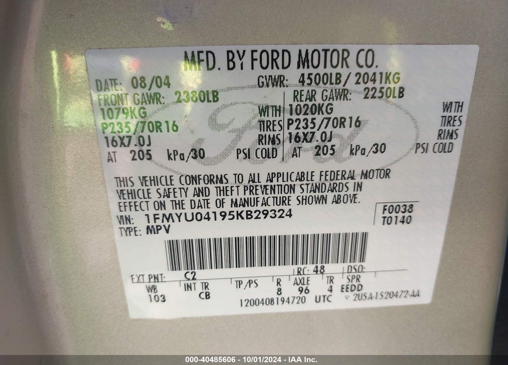 2005 FORD ESCAPE LIMITED VIN: 1FMYU04195KB29324