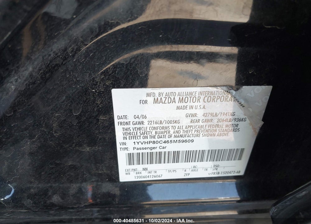 2006 MAZDA 6 I SPORT VIN: 1YVHP80C465M59609