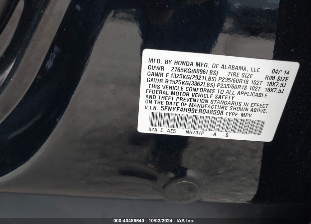 2014 HONDA PILOT TOURING VIN: 5FNYF4H99EB048598