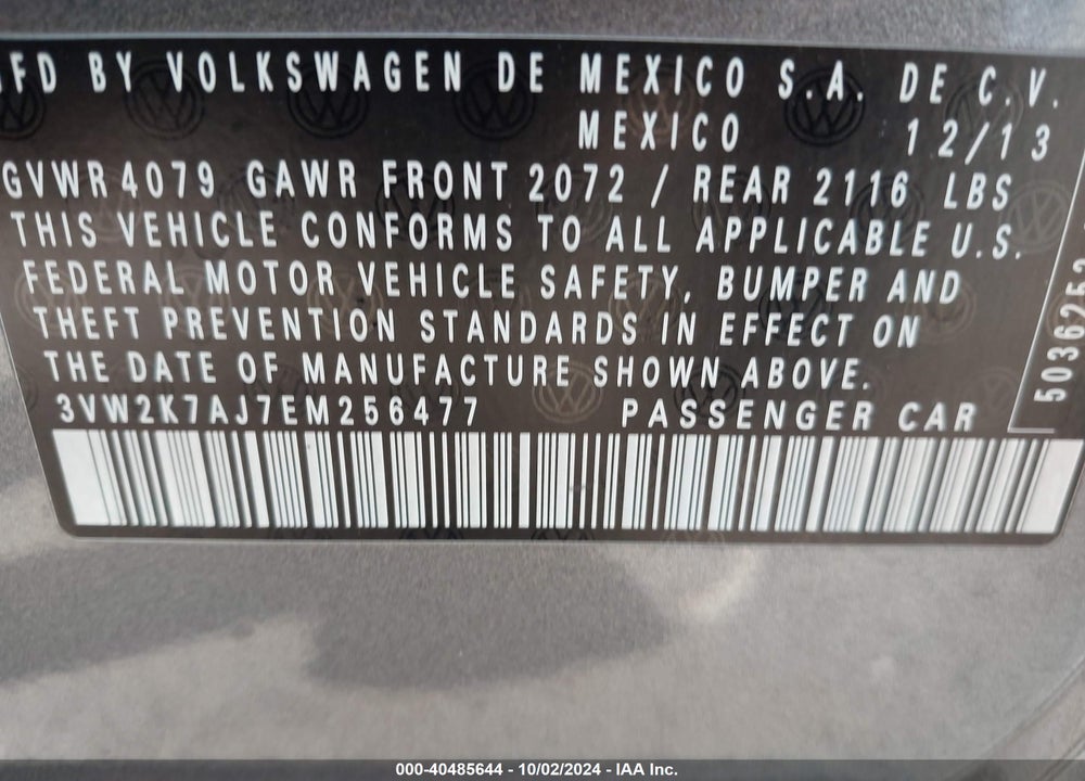 2014 VOLKSWAGEN JETTA VIN: 3VW2K7AJ7EM256477
