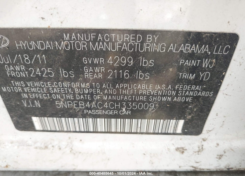 2012 HYUNDAI SONATA GLS VIN: 5NPEB4AC4CH335009