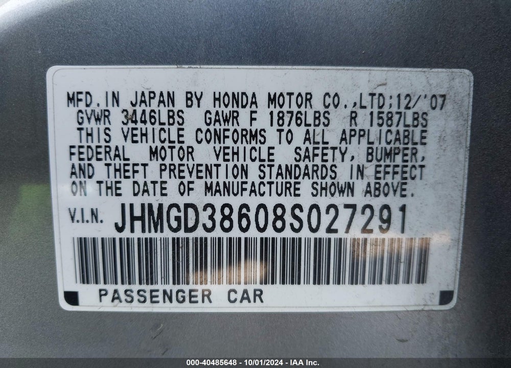 2008 HONDA FIT SPORT VIN: JHMGD38608S027291