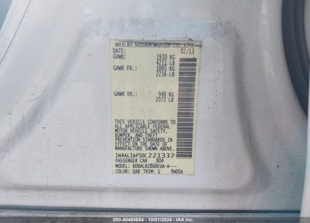 2013 NISSAN ALTIMA 2.5 S VIN: 1N4AL3AP5DC221337