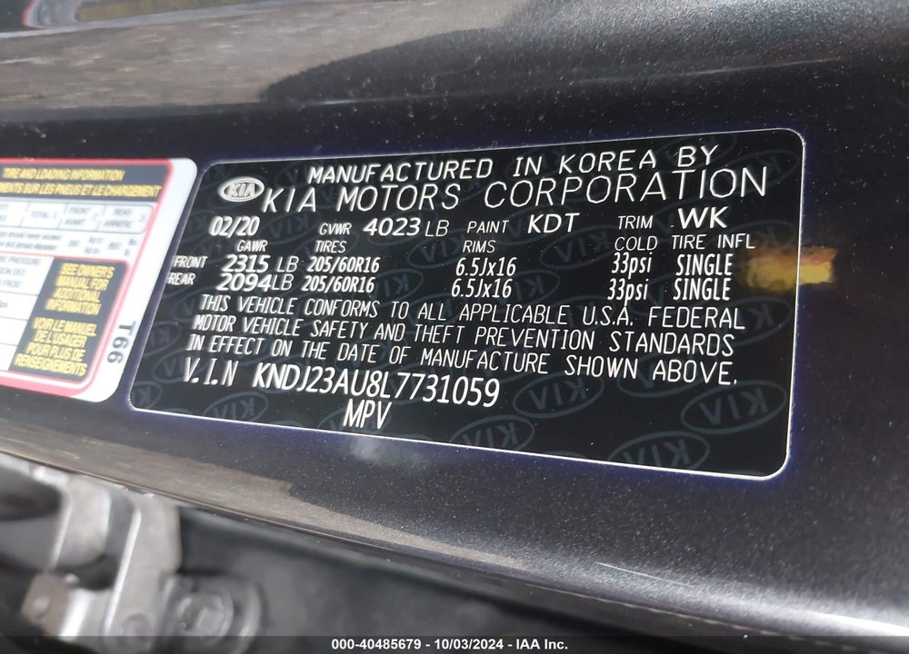 2020 KIA SOUL LX VIN: KNDJ23AU8L7731059