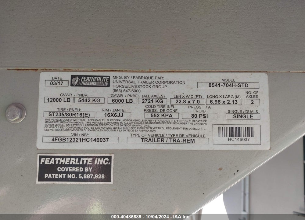2017 FEATHERLITE MANUFACTURING HORSE TRAILER VIN: 4FGB12321HC146037