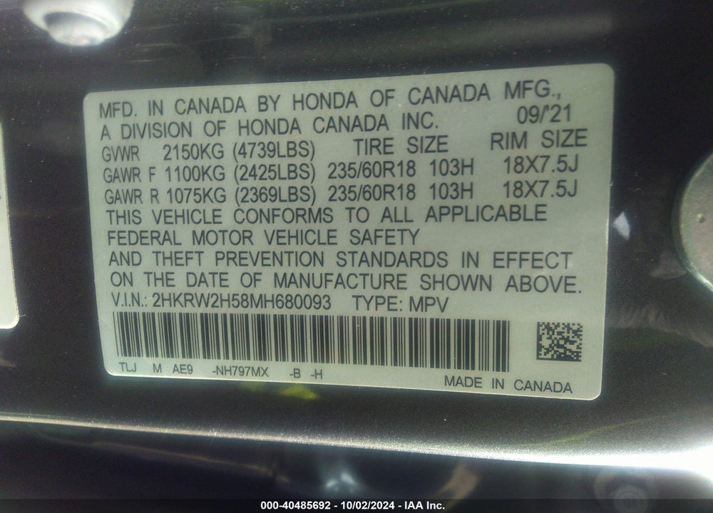 2021 HONDA CR-V AWD EX VIN: 2HKRW2H58MH680093