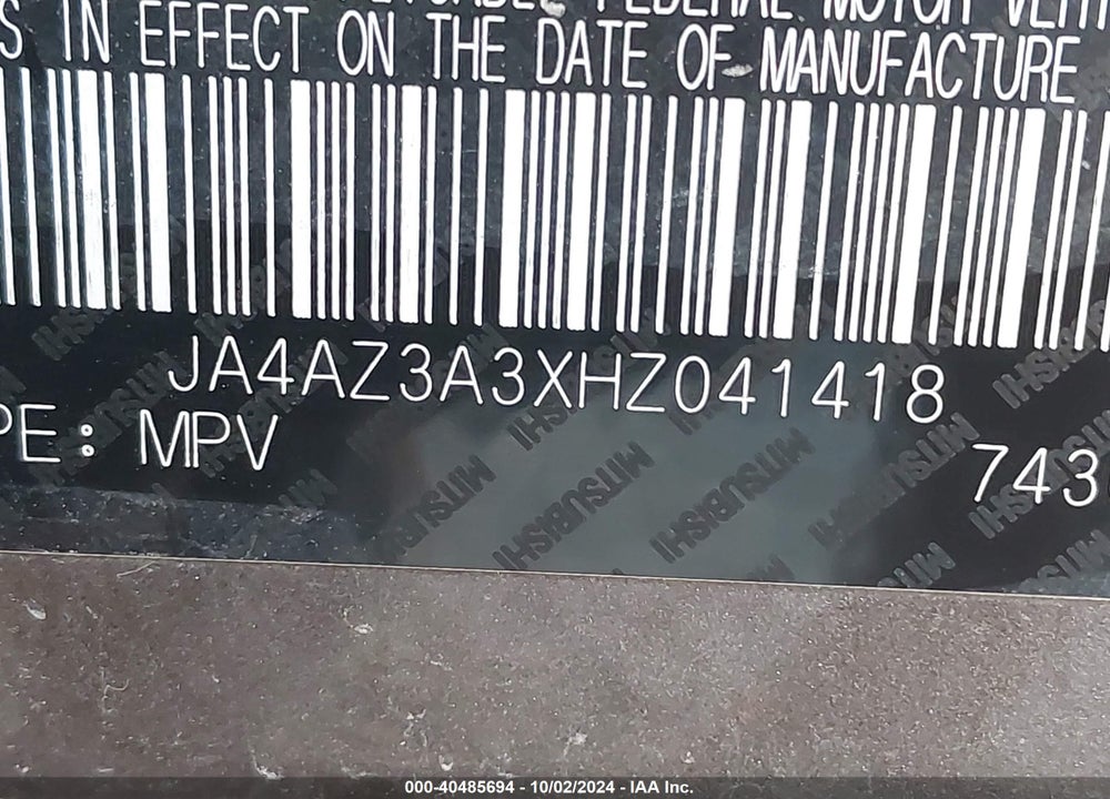 2017 MITSUBISHI OUTLANDER VIN: JA4AZ3A3XHZ041418