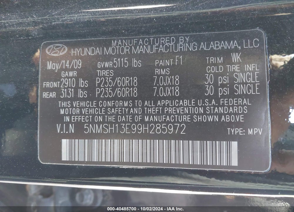 2009 HYUNDAI SANTA FE LIMITED VIN: 5NMSH13E99H285972