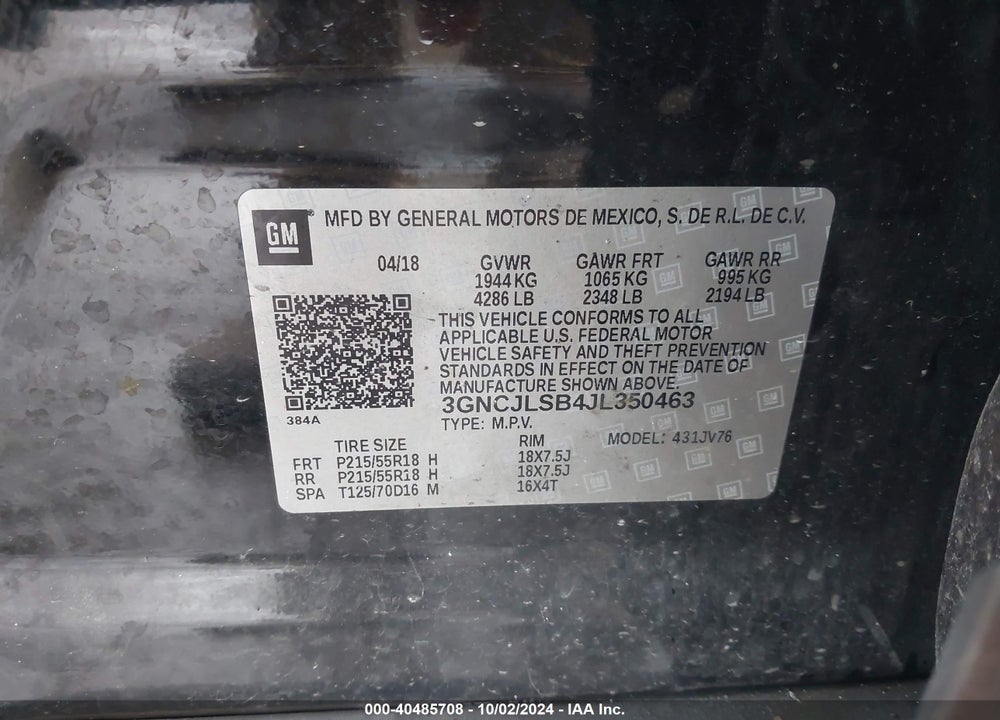 2018 CHEVROLET TRAX LT VIN: 3GNCJLSB4JL350463