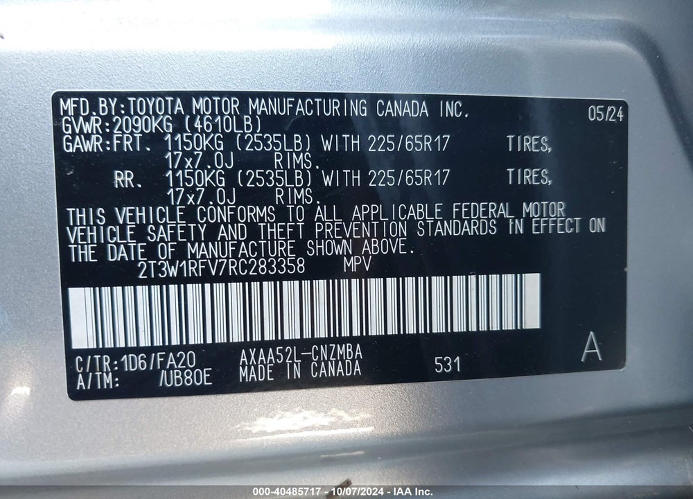 2024 TOYOTA RAV4 XLE VIN: 2T3W1RFV7RC283358