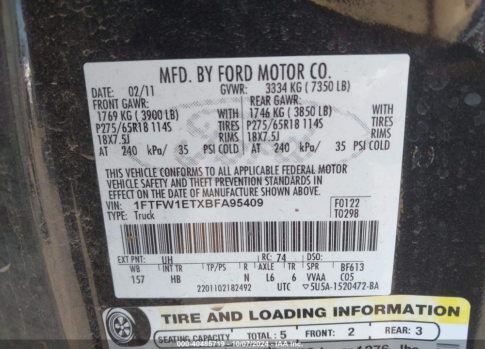 2011 FORD F-150 VIN: 1FTFW1ETXBFA95409