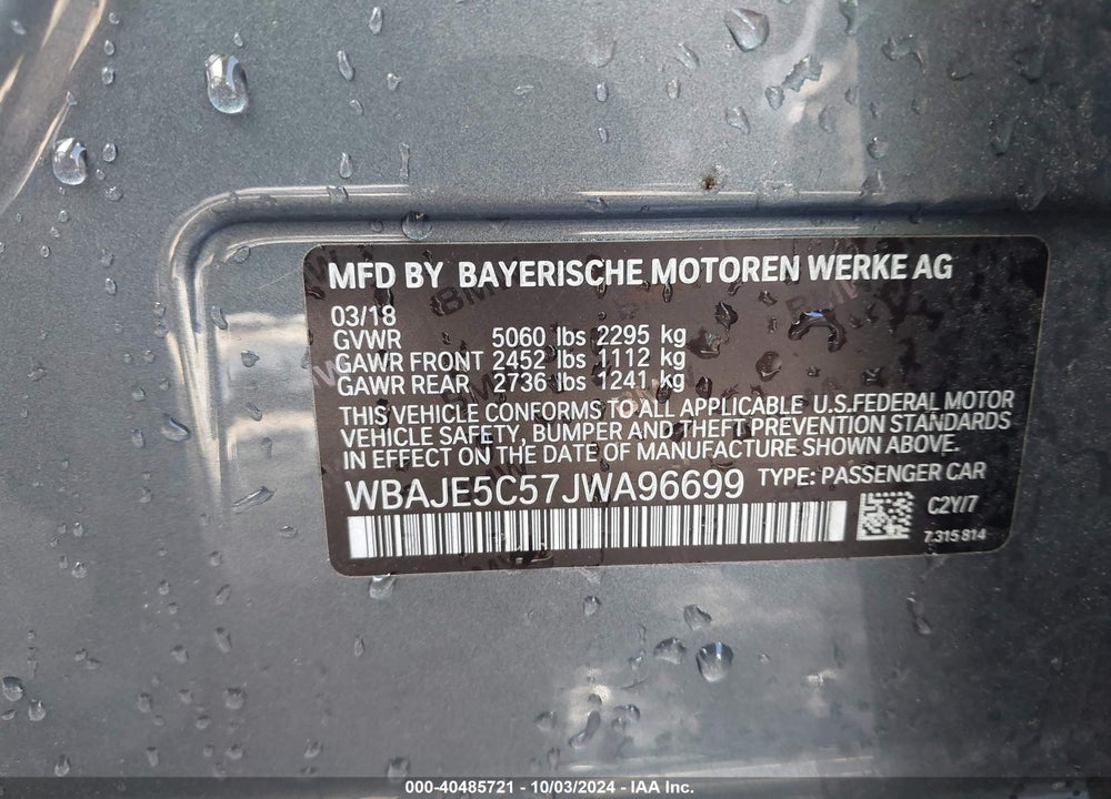 2018 BMW 540I VIN: WBAJE5C57JWA96699