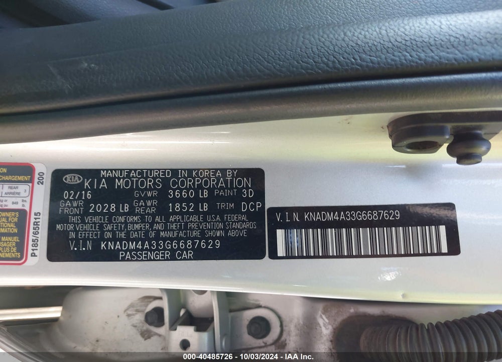 2016 KIA RIO LX VIN: KNADM4A33G6687629