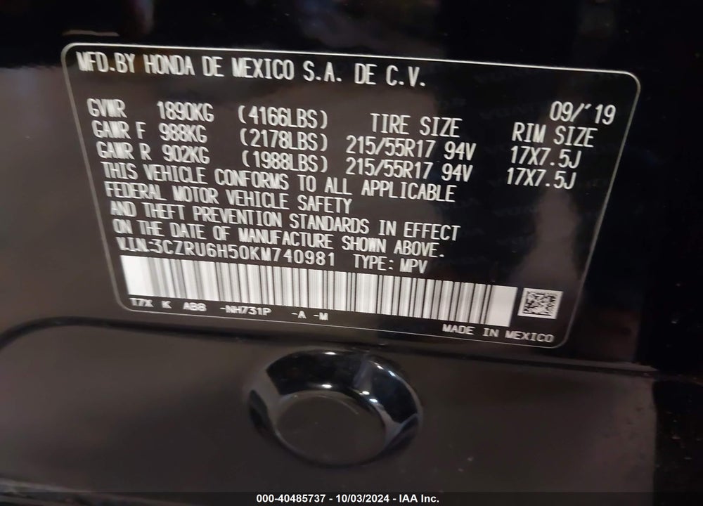 2019 HONDA HR-V EX VIN: 3CZRU6H50KM740981