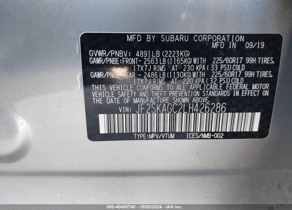2020 SUBARU FORESTER PREMIUM VIN: JF2SKAGC2LH426286