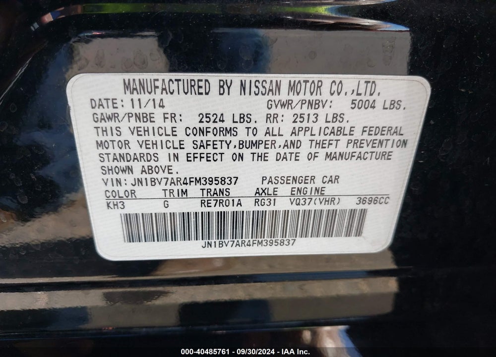 2015 INFINITI Q50 PREMIUM VIN: JN1BV7AR4FM395837