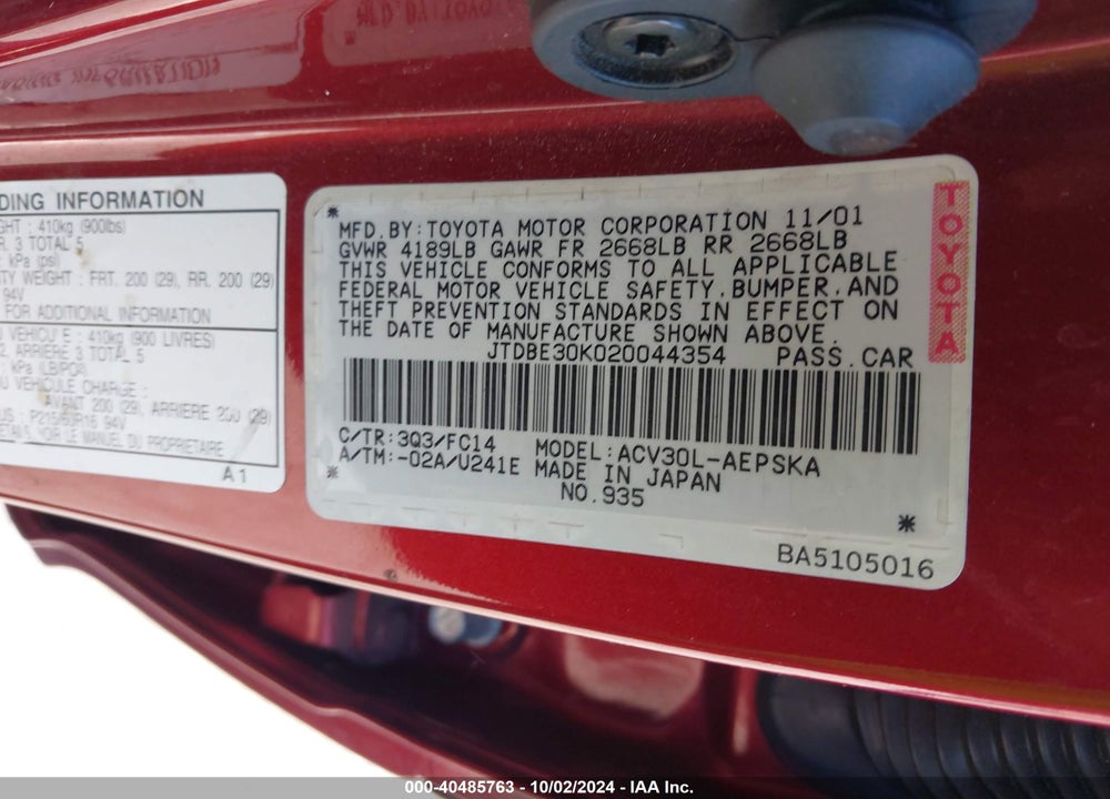 2002 TOYOTA CAMRY SE VIN: JTDBE30K020044354
