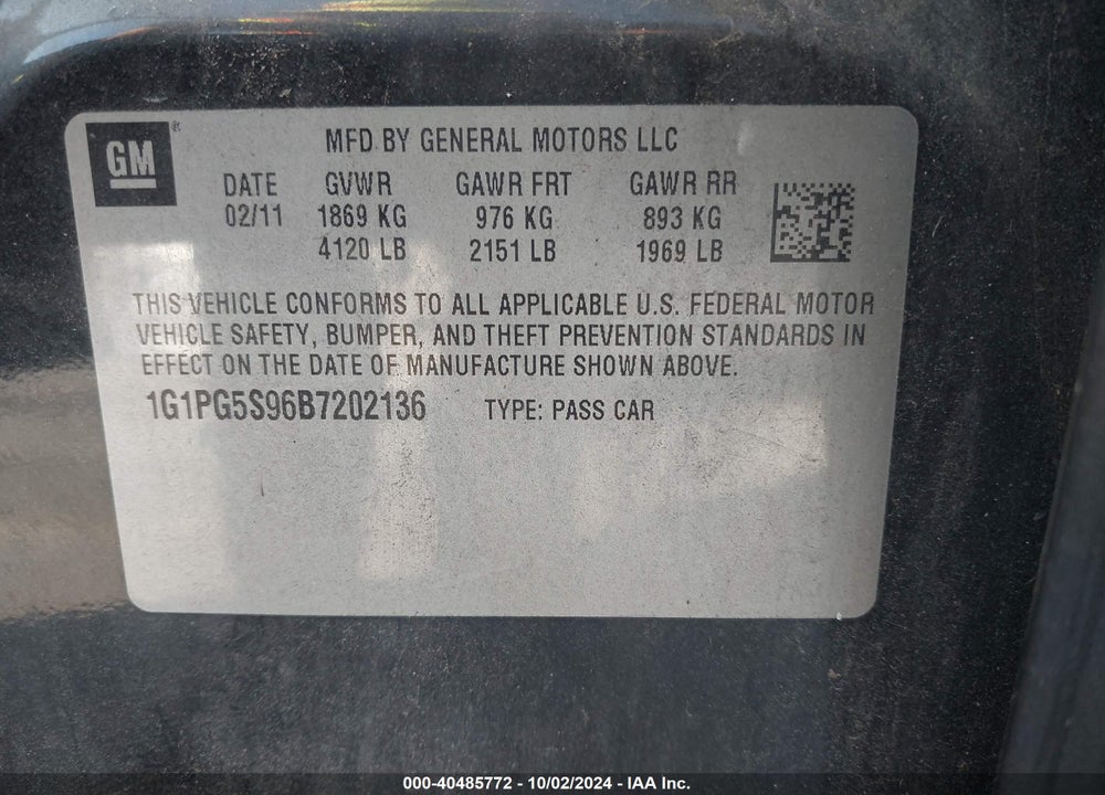 2011 CHEVROLET CRUZE 2LT VIN: 1G1PG5S96B7202136