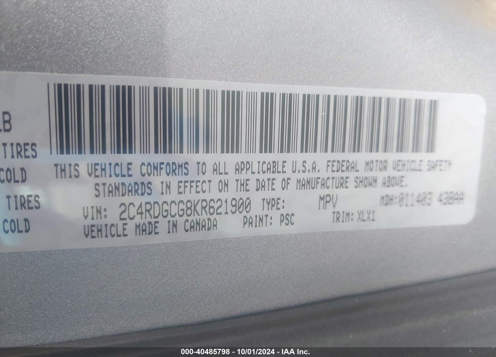 2019 DODGE GRAND CARAVAN SXT VIN: 2C4RDGCG8KR621900