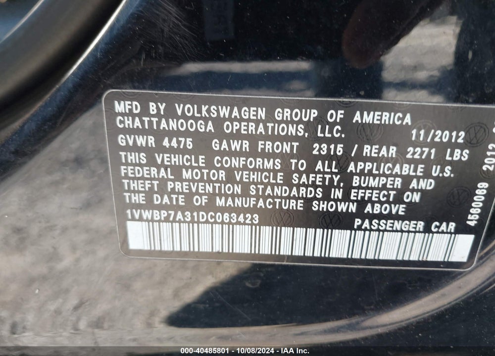 2013 VOLKSWAGEN PASSAT 2.5L SE VIN: 1VWBP7A31DC063423