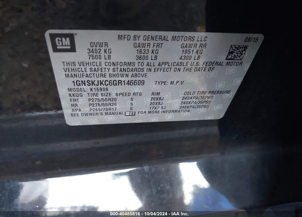 2016 CHEVROLET SUBURBAN LTZ VIN: 1GNSKJKC6GR146609
