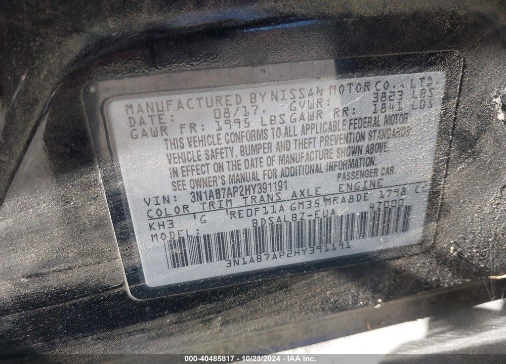 2017 NISSAN SENTRA S VIN: 3N1AB7AP2HY391191