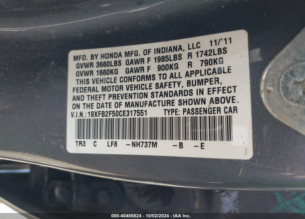 2012 HONDA CIVIC LX VIN: 19XFB2F50CE317551