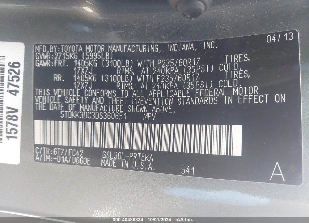 2013 TOYOTA SIENNA LE V6 8 PASSENGER VIN: 5TDKK3DC3DS360651