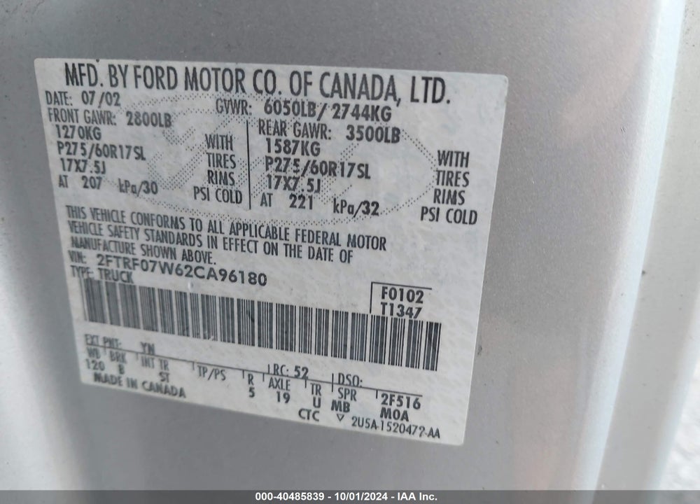 2002 FORD F-150 XL/XLT VIN: 2FTRF07W62CA96180