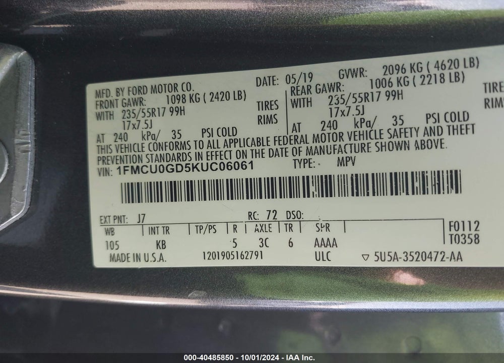 2019 FORD ESCAPE SE VIN: 1FMCU0GD5KUC06061