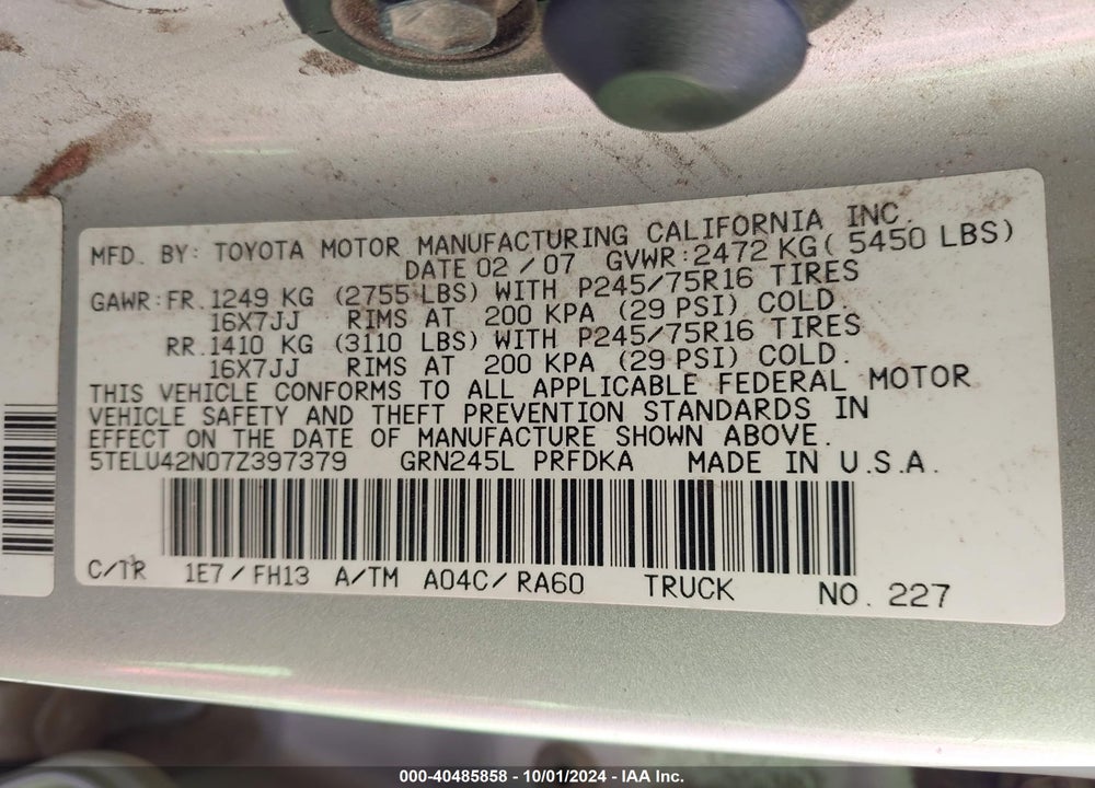 2007 TOYOTA TACOMA BASE V6 VIN: 5TELU42N07Z397379