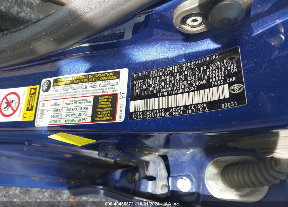 2016 TOYOTA CAMRY SE VIN: 4T1BF1FK6GU585557