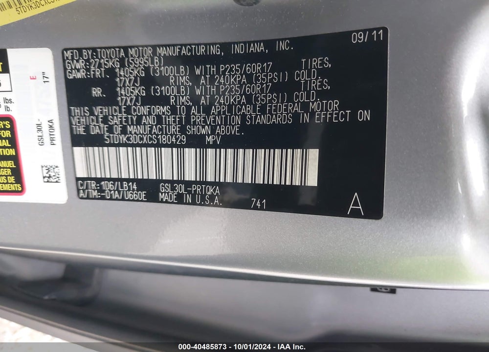 2012 TOYOTA SIENNA XLE V6 8 PASSENGER VIN: 5TDYK3DCXCS180429