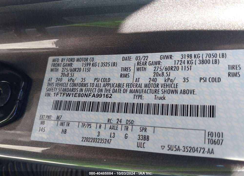 2022 FORD F-150 LARIAT VIN: 1FTFW1E80NFA99162