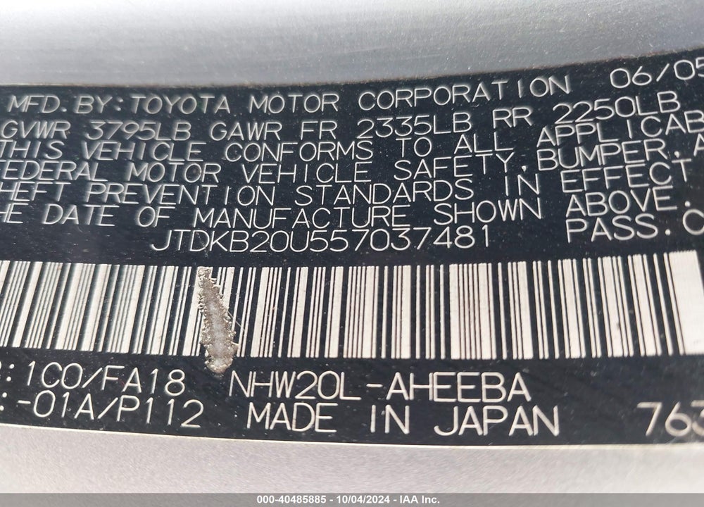 2005 TOYOTA PRIUS VIN: JTDKB20U557037481